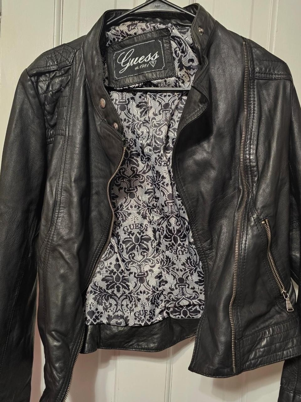 Guess Black Leather Moto Jacket with Printed Lining